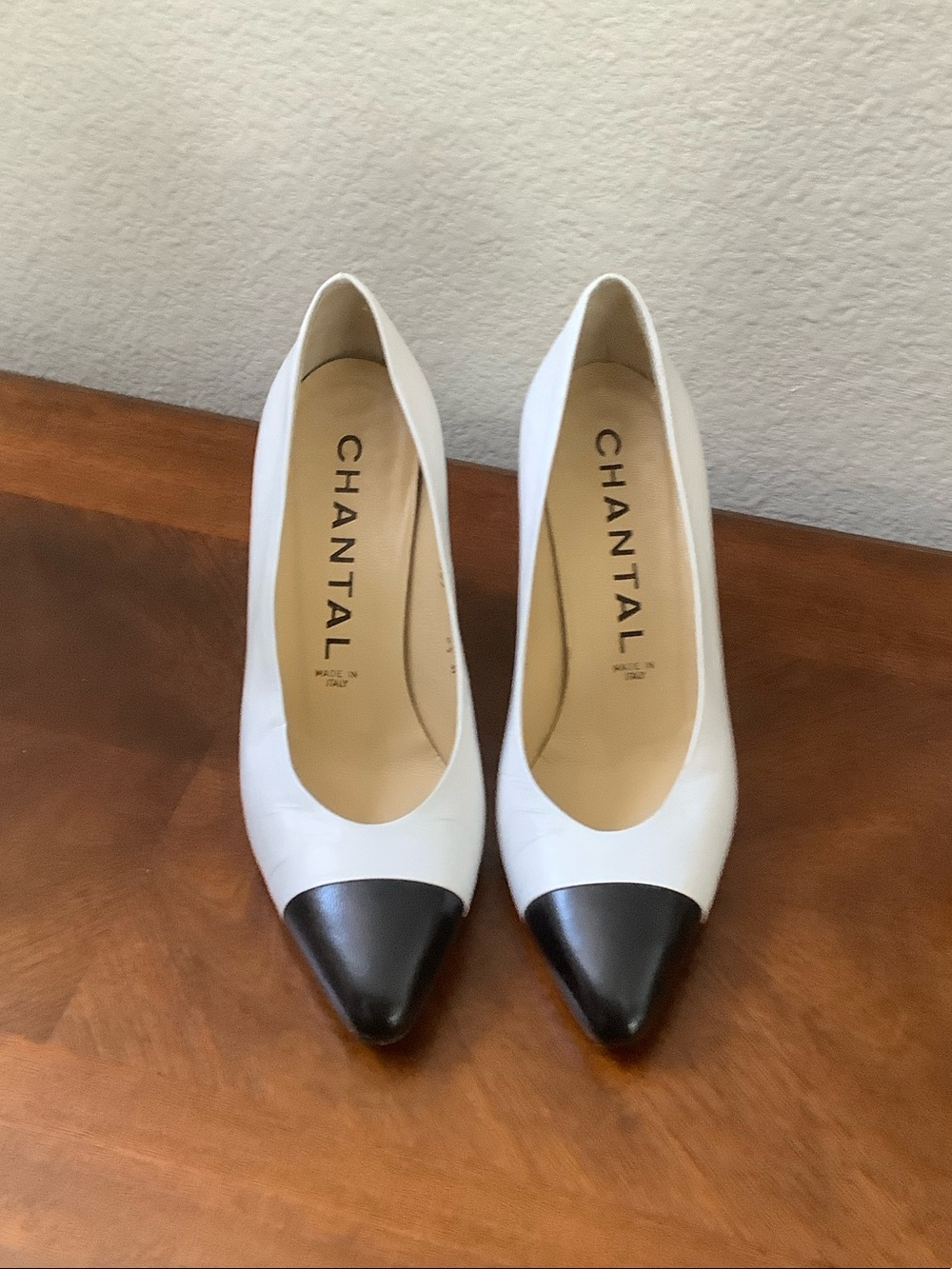 Chantal Two-Tone White and Black Pointed Toe Pumps